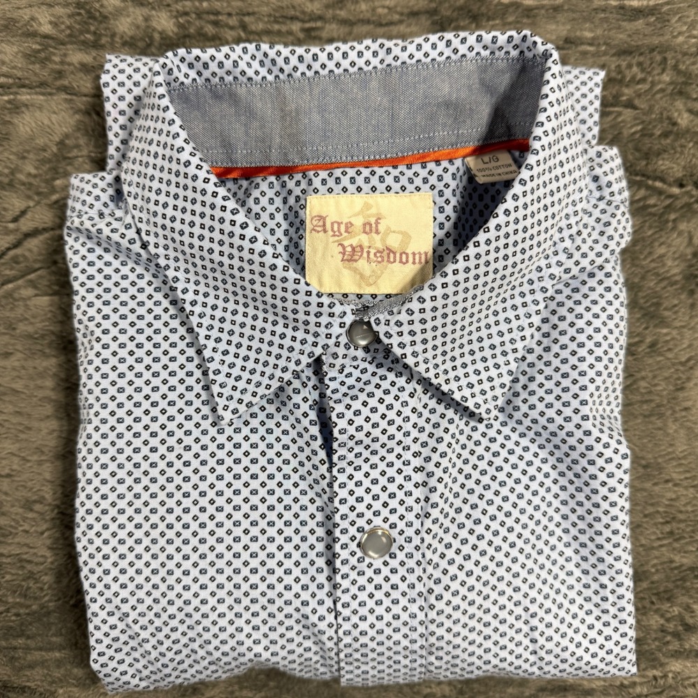 Age of Wisdom Button‎ Down Shirt Mens Large Blue Geometric Short Sleeve Cotton